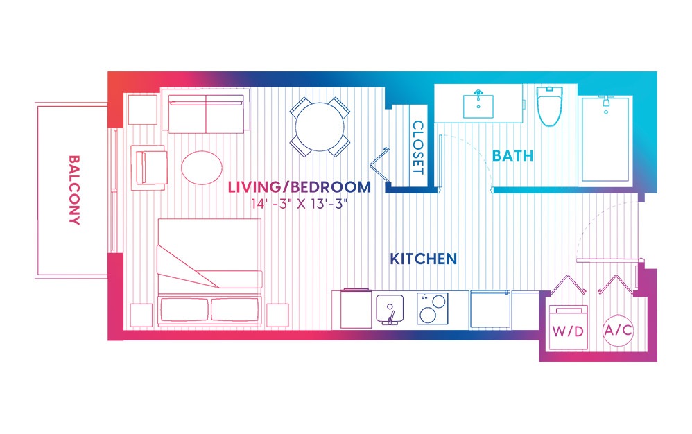S3-S - Studio floorplan layout with 1 bath and 411 square feet.