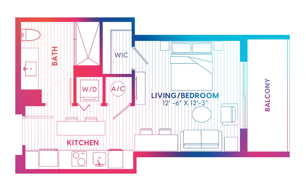S2-S - Studio floorplan layout with 1 bath and 409 square feet.