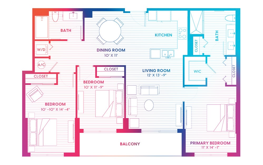 C1-S - 3 bedroom floorplan layout with 2 baths and 1288 square feet.
