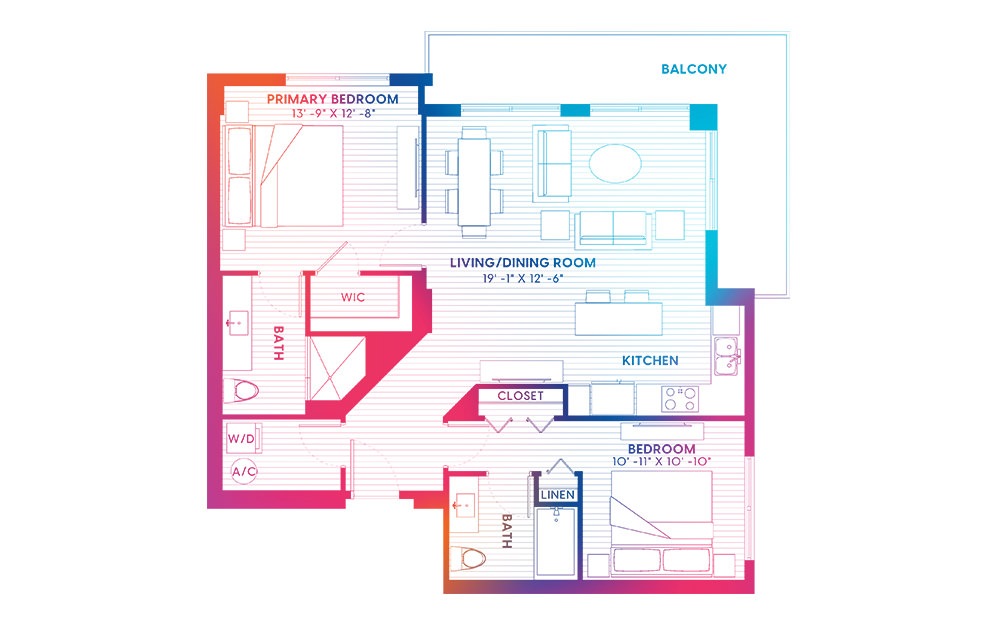 B5-S - 2 bedroom floorplan layout with 2 baths and 1134 square feet.