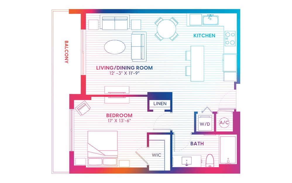 A2-S - 1 bedroom floorplan layout with 1 bath and 742 square feet.