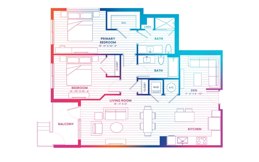B11-N - 2 bedroom floorplan layout with 2 baths and 1147 square feet.