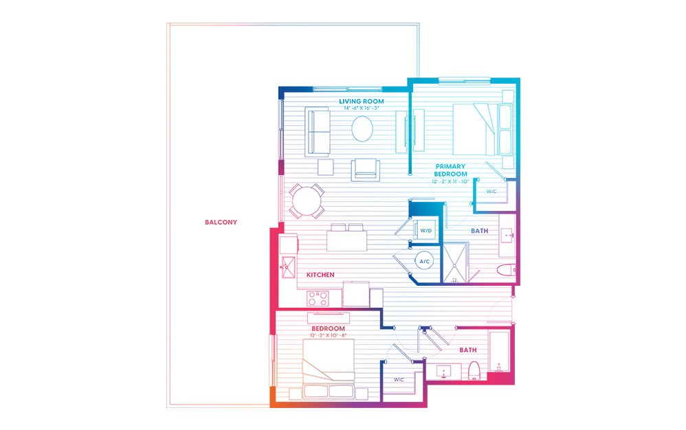 B10-N - 2 bedroom floorplan layout with 2 baths and 1034 square feet.