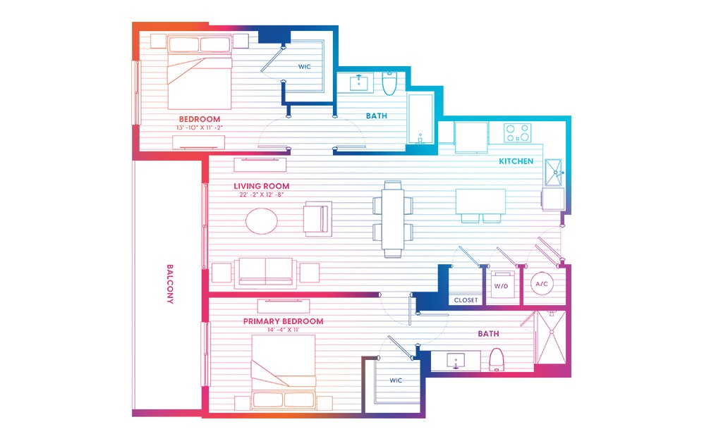 B8-N - 2 bedroom floorplan layout with 2 baths and 1133 square feet.