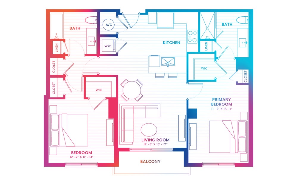 B6-N - 2 bedroom floorplan layout with 2 baths and 1065 square feet.