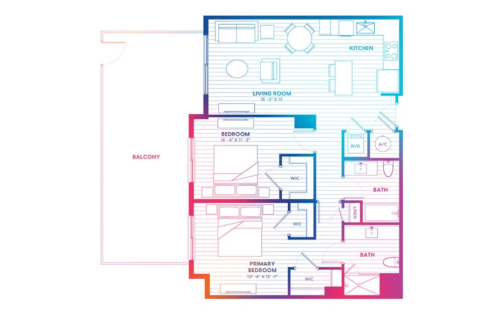 B5-N - 2 bedroom floorplan layout with 2 baths and 1075 square feet.