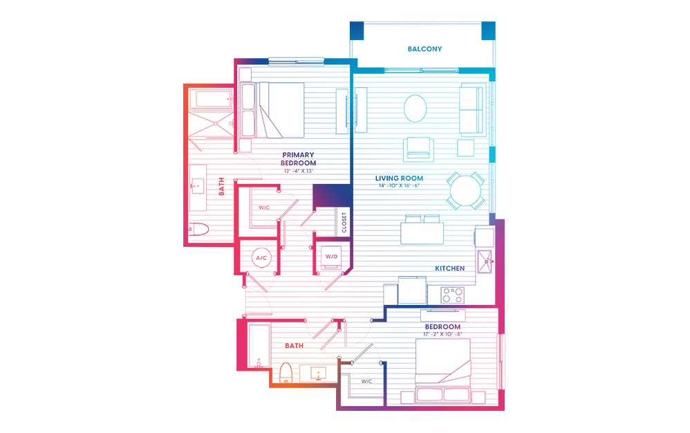 B4-N - 2 bedroom floorplan layout with 2 baths and 1136 square feet.