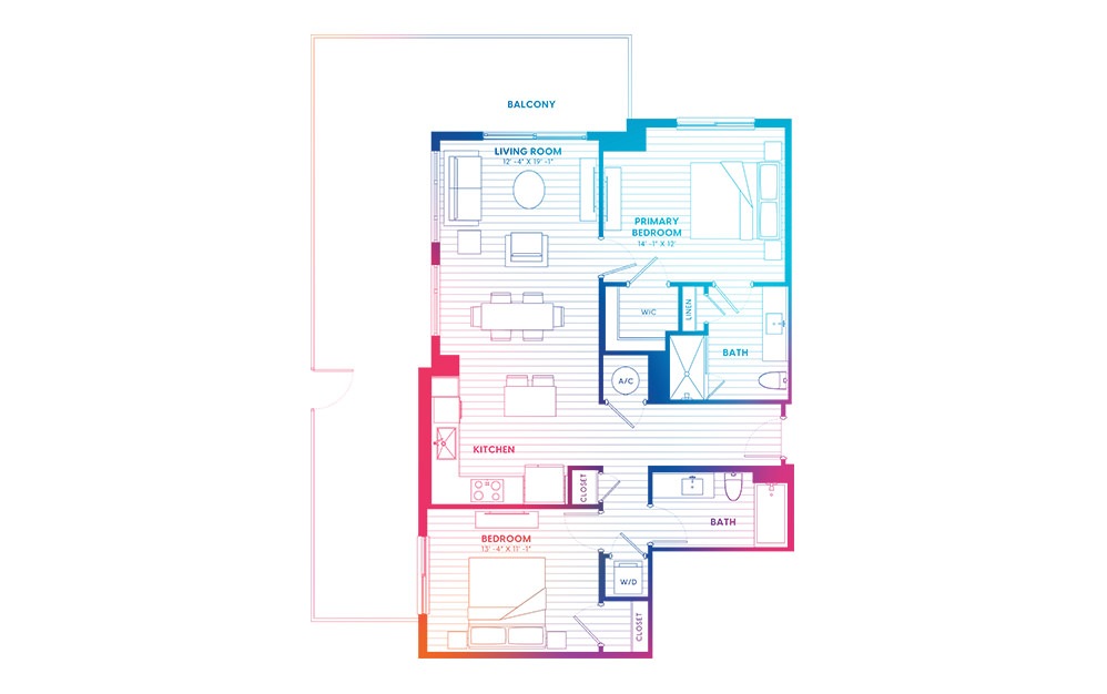 B2.1-N - 2 bedroom floorplan layout with 2 baths and 1080 square feet.