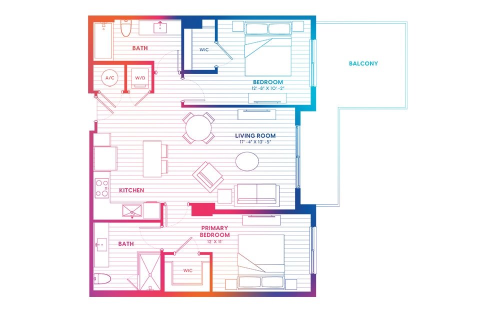 B1.1-N - 2 bedroom floorplan layout with 2 baths and 1005 square feet.