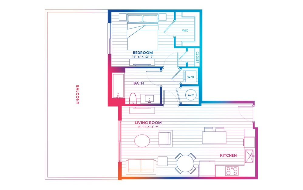 A1.1-N - 1 bedroom floorplan layout with 1 bath and 715 square feet.