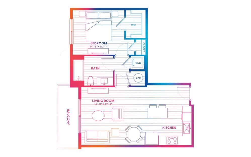 A1-N - 1 bedroom floorplan layout with 1 bath and 715 square feet.