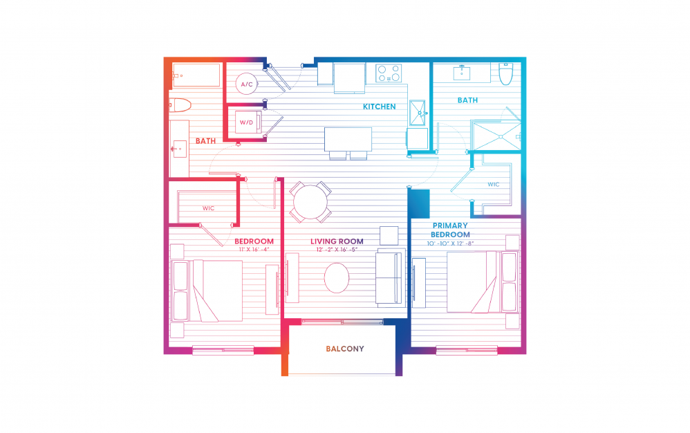B1A-N - 2 bedroom floorplan layout with 2 baths and 982 square feet. B1A-N - 2 bedroom floorplan layout with 2 baths and 982 square feet.
