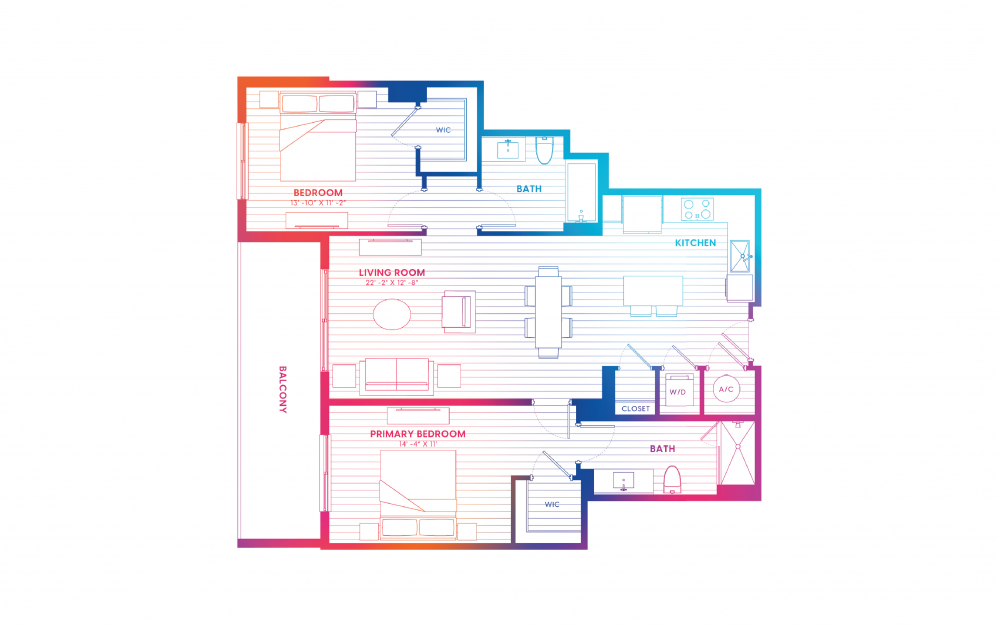 B8-N - 2 bedroom floorplan layout with 2 baths and 1133 square feet. B8-N - 2 bedroom floorplan layout with 2 baths and 1133 square feet.