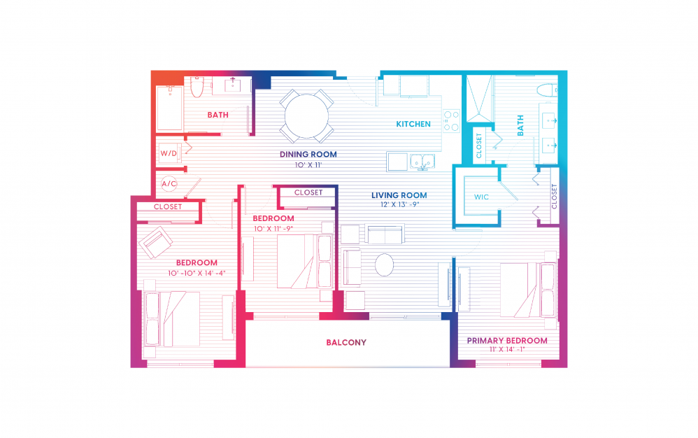 C1-S - 3 bedroom floorplan layout with 2 baths and 1288 square feet. C1-S - 3 bedroom floorplan layout with 2 baths and 1288 square feet.