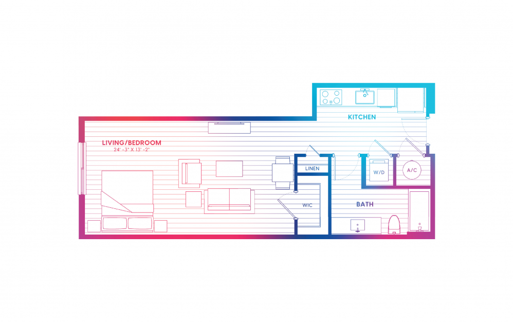 S1-N - Studio floorplan layout with 1 bath and 595 square feet. S1-N - Studio floorplan layout with 1 bath and 595 square feet.