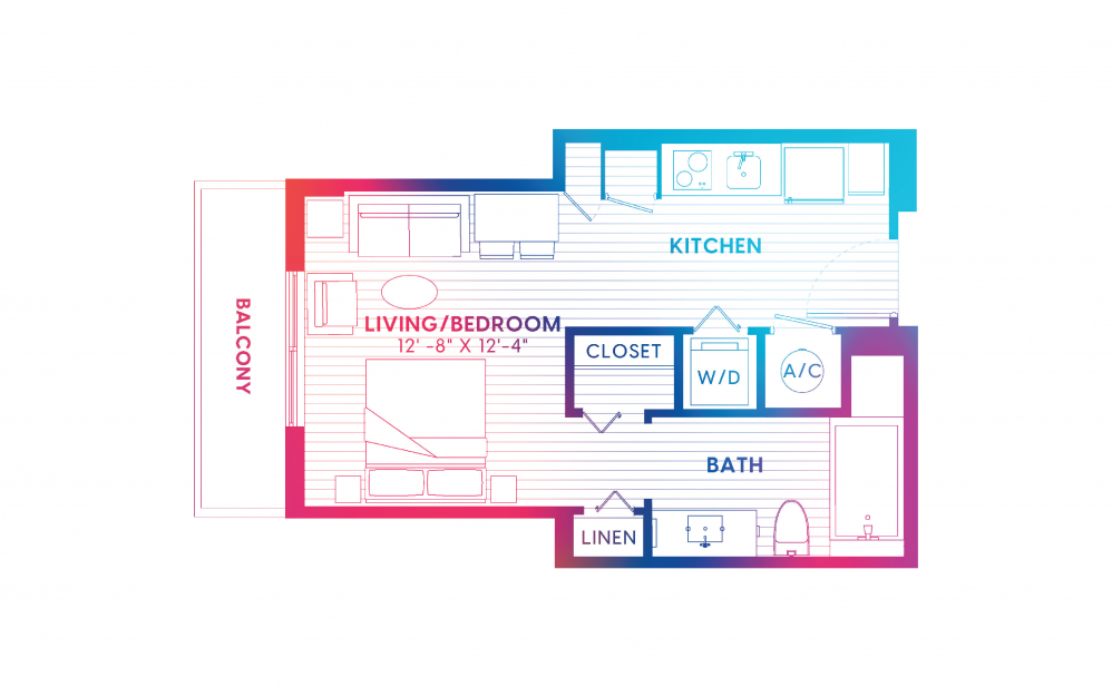S5-S - Studio floorplan layout with 1 bath and 430 square feet. S5-S - Studio floorplan layout with 1 bath and 430 square feet.